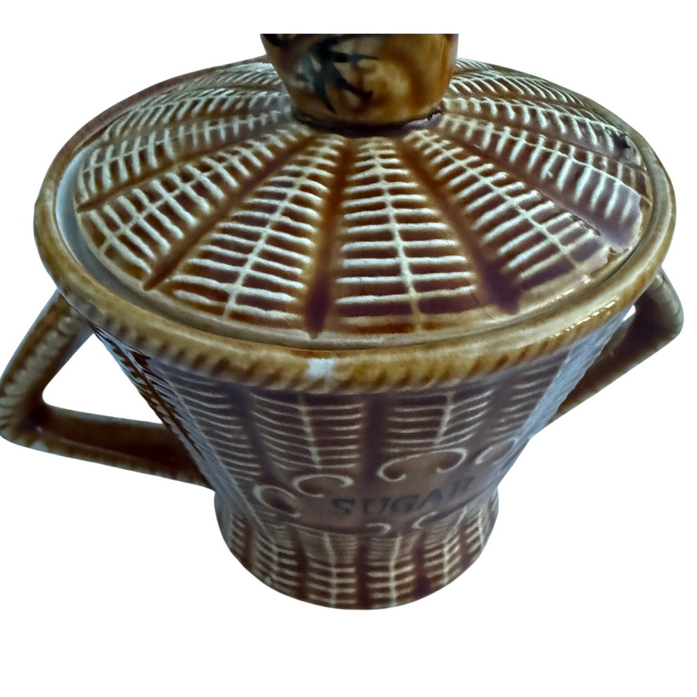 Vintage Rooster Basketweave Ceramic Coffee Pot Sugar Bowl & Jam Jar Set Brown - Picture 12 of 14